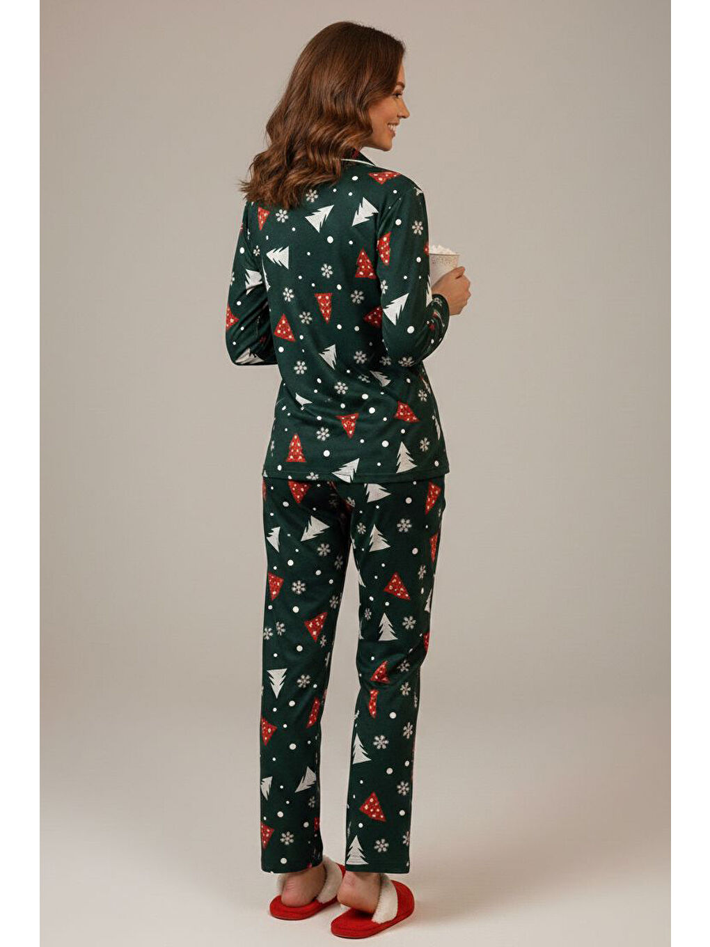 Yeşil Ara Biyeli Baskılı Süet Pijama Takımı Zümrüt - 28087-ZUMRUT-1