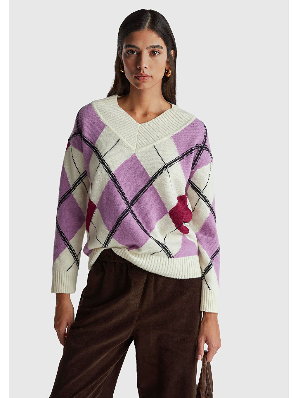 Kadın Mor Mix Yün Karışımlı Baklava Desenli Ribana Detaylı V Yaka Kazak