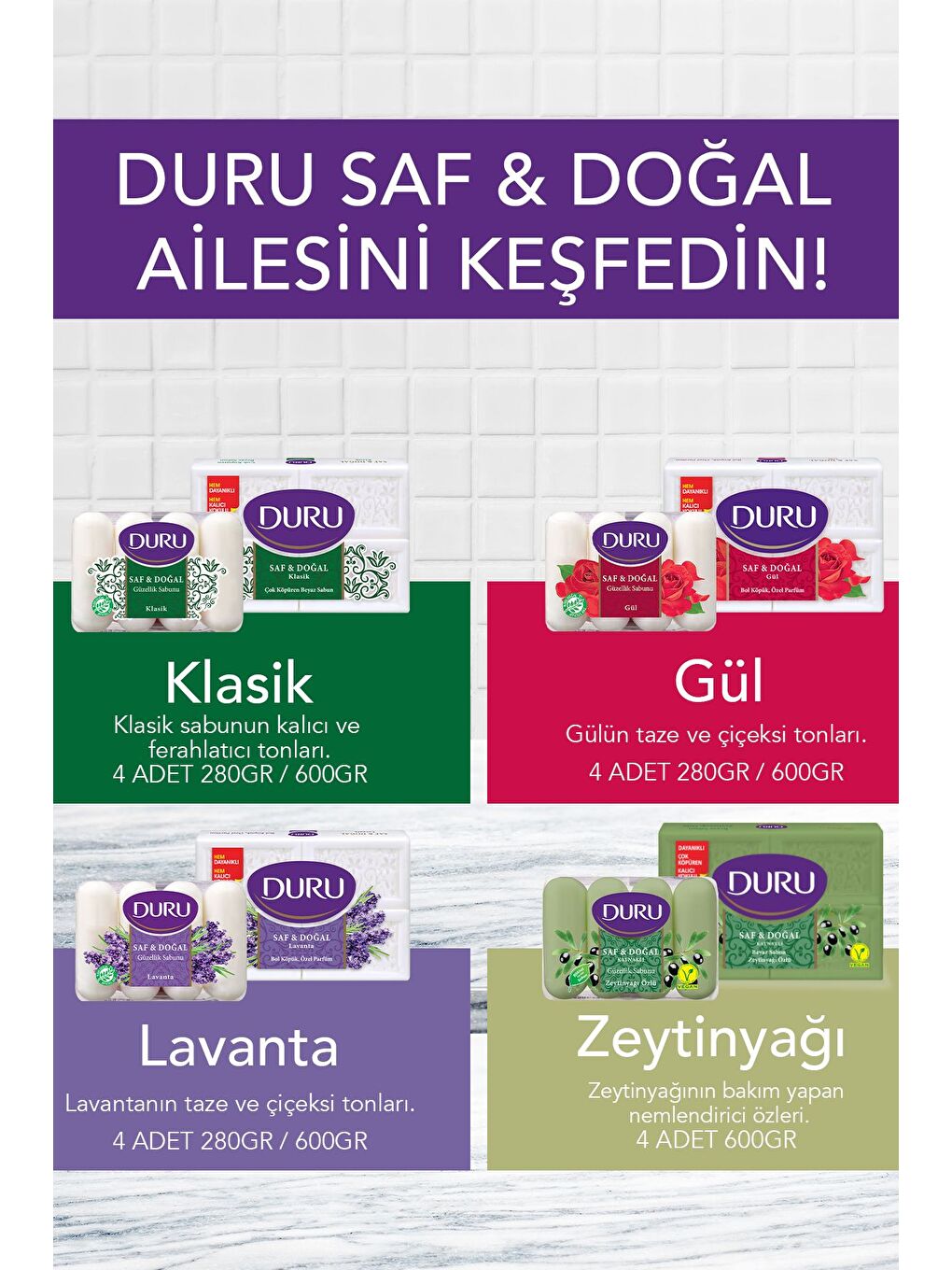 Duru Beyaz Saf & Doğal Kaynaklı Lavanta 16 Adet Beyaz Kalıp Sabun 4x600gr - 4