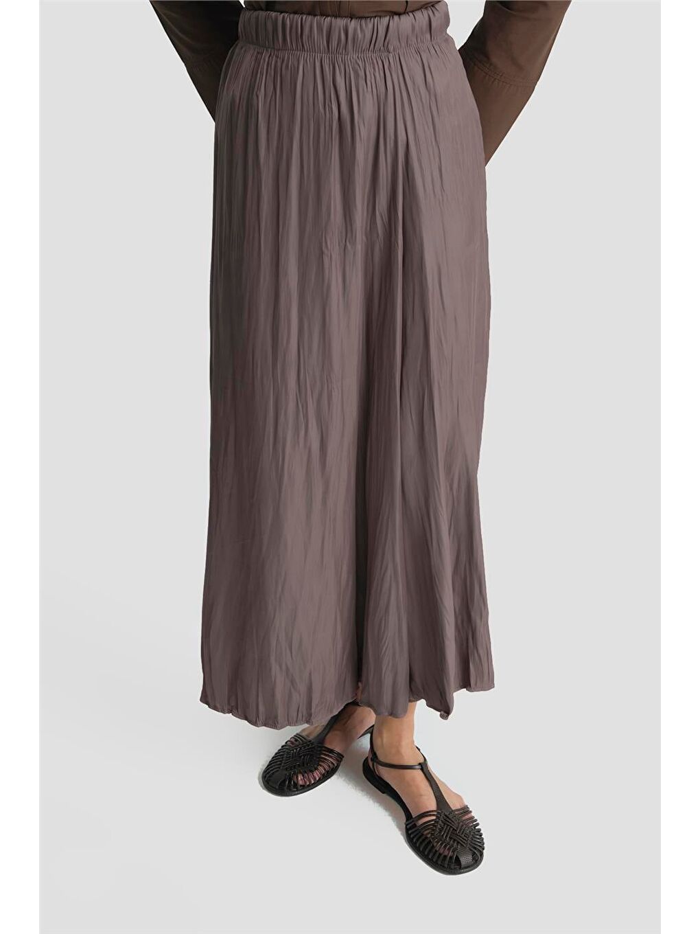 Kahverengi Kırışık Efektli Saten Etek Kakao-2