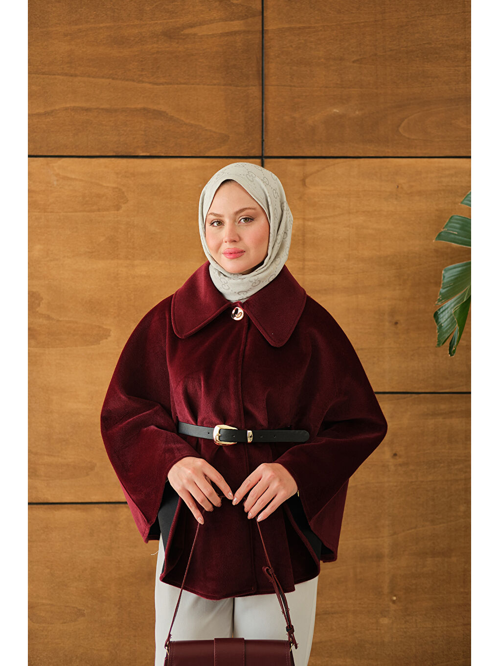 Kadın Kemerli Pelüş Panço Bordo-1