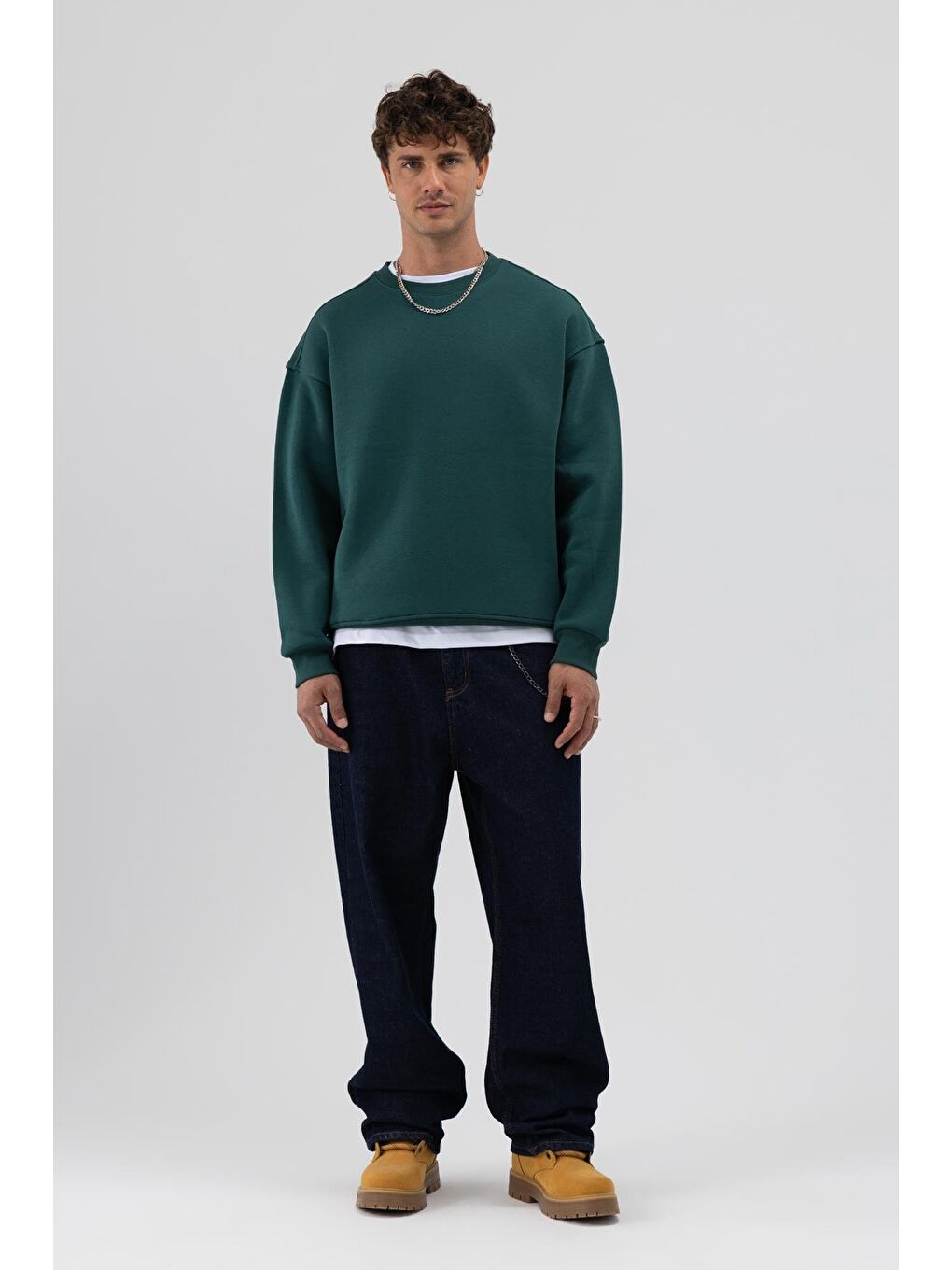 Yeşil Basic Bisiklet Yaka Oversize Sweatshirt Nefti