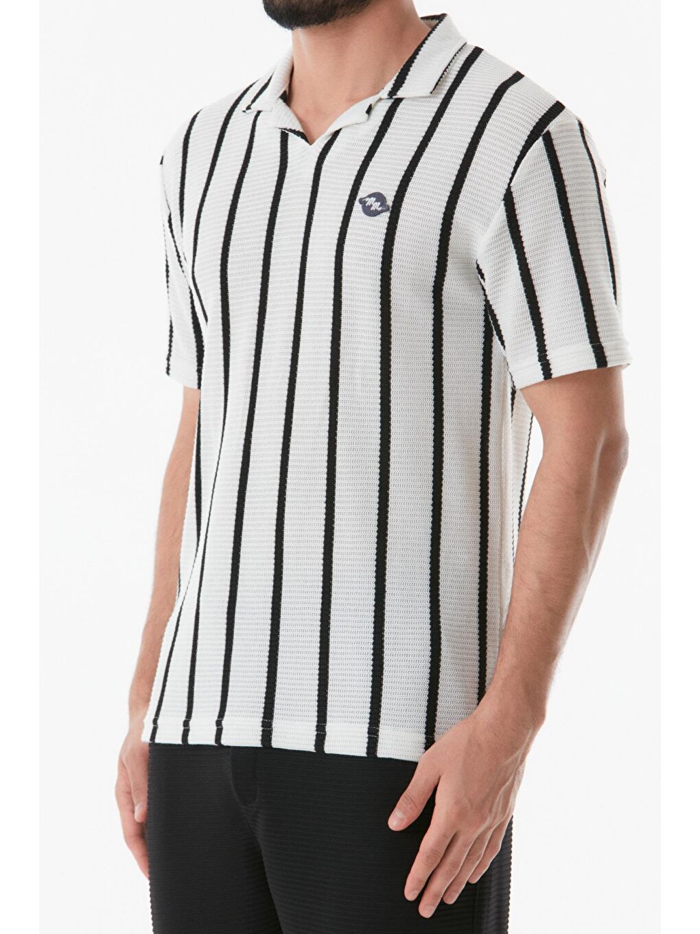 Siyah Polo Yaka Çizgili Nakışlı Erkek Tişört-4