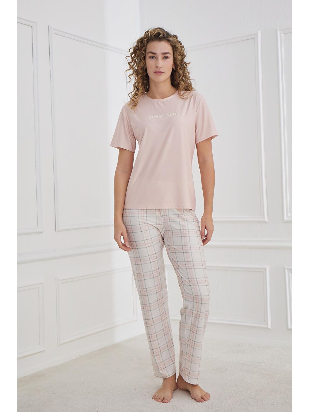 Pembe Kadın Ekose Desenli Bisiklet Yaka Pijama Takım | Pudra 30102-1285
