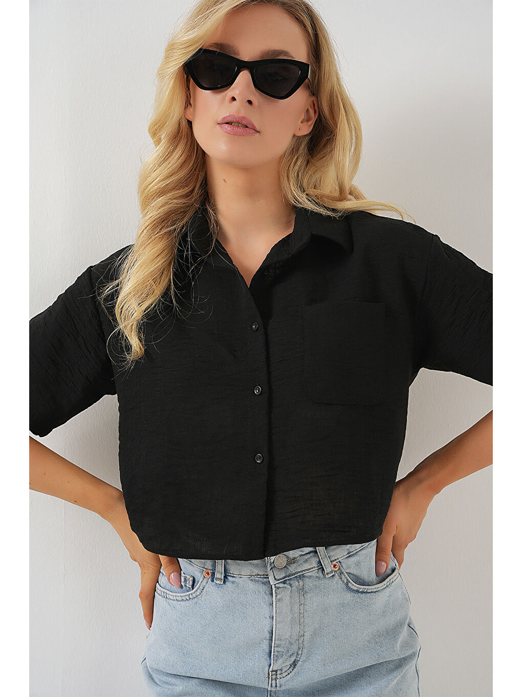 Kadın Kısa Kol Crop Gömlek 20341 - Siyah-2