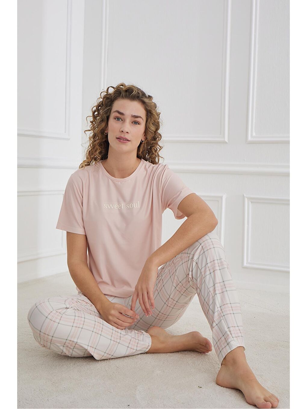 Pembe Kadın Ekose Desenli Bisiklet Yaka Pijama Takım | Pudra 30102-1285-1