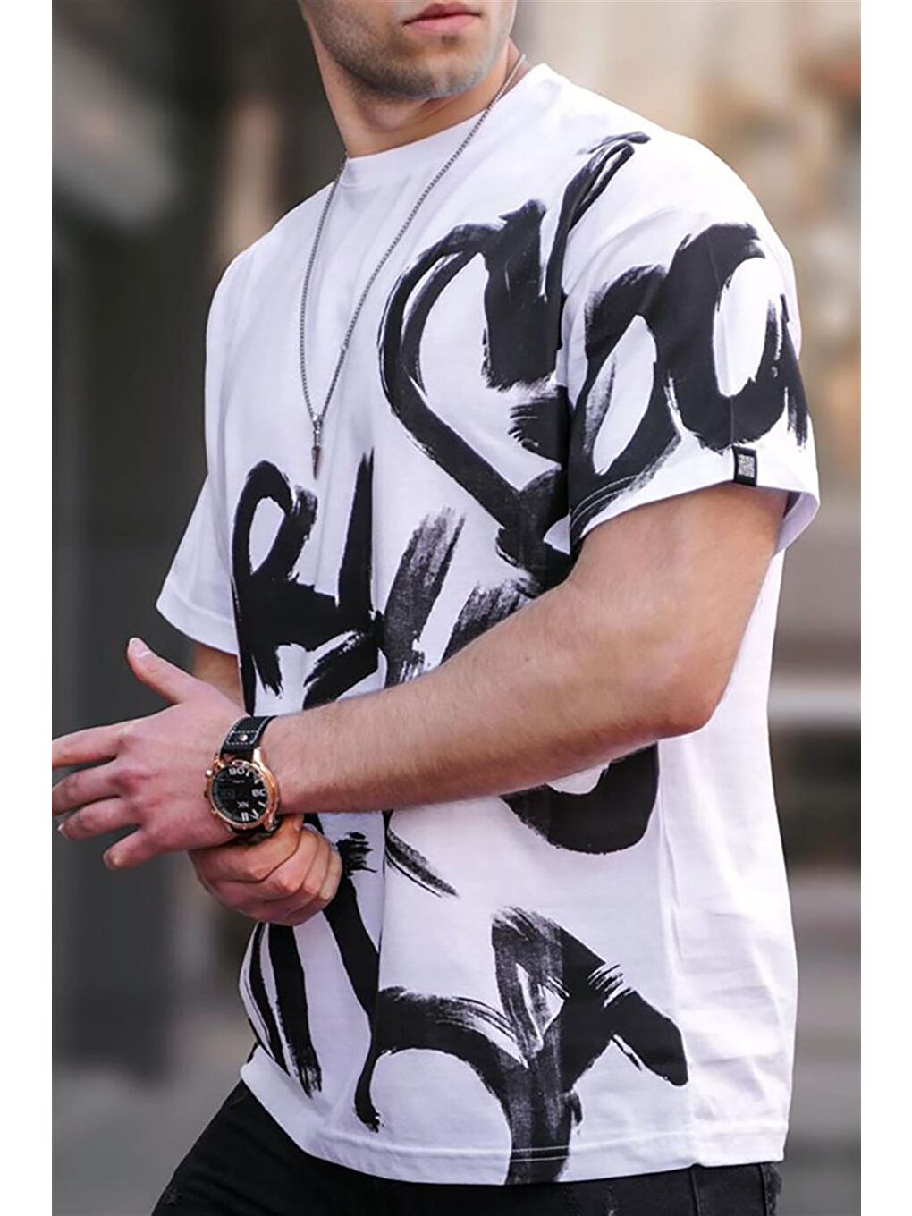 Erkek Beyaz Overfit Desenli %100 Pamuk Tişört 5811-2