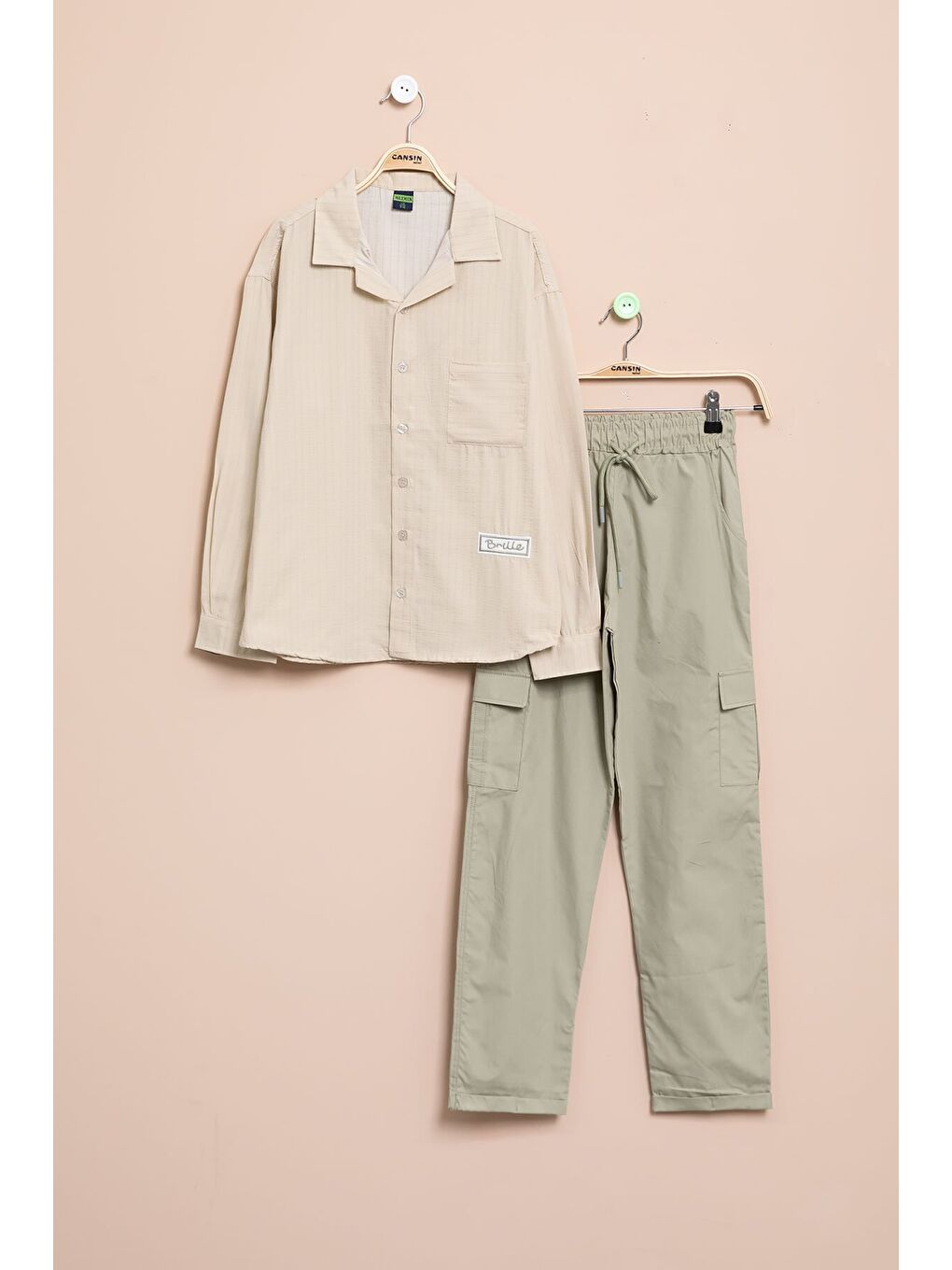 Ekru Krem Çizgili Gömlekli Paraşüt Pantolonlu Erkek Çocuk 2li Takım 23262