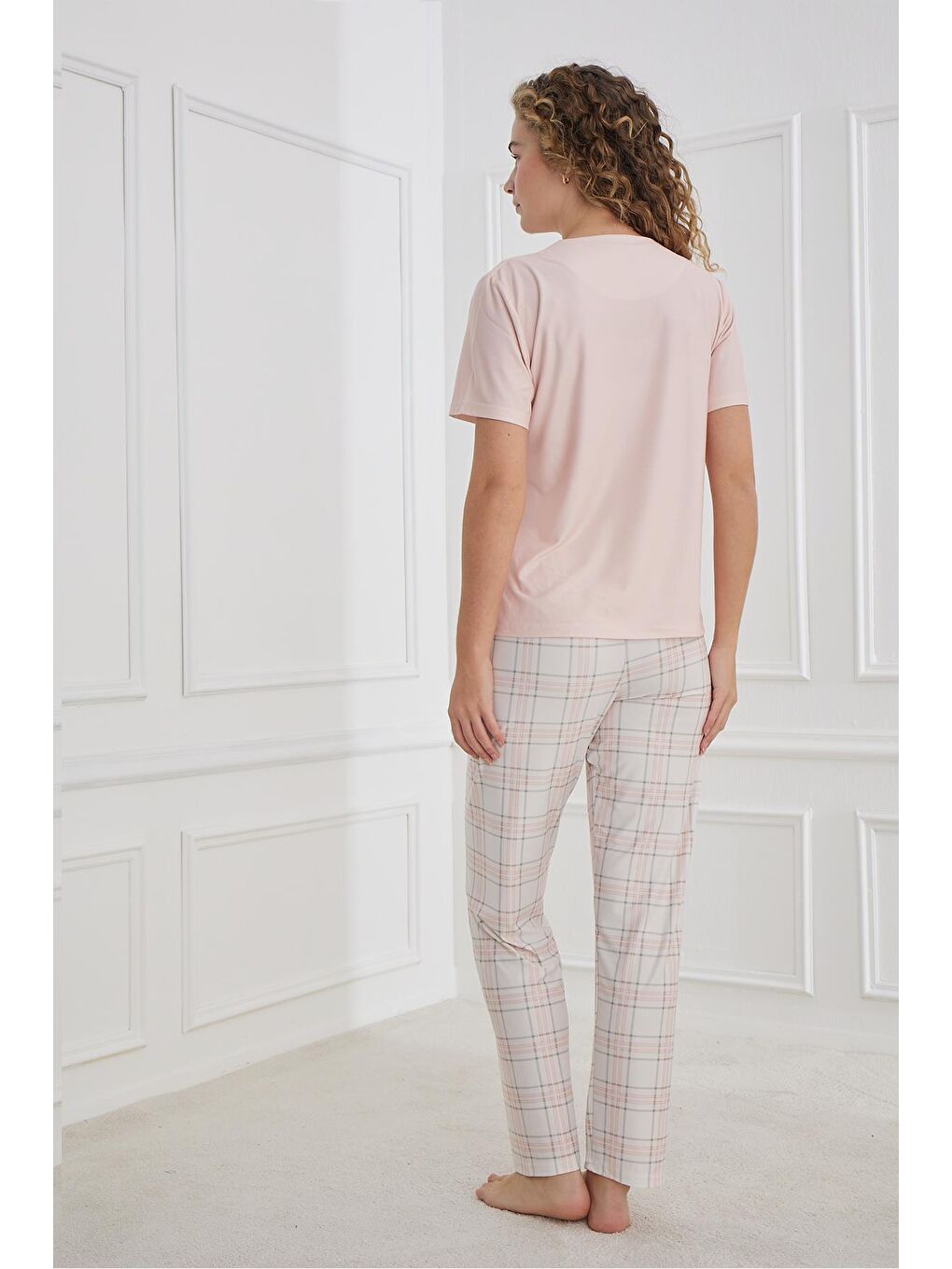 Pembe Kadın Ekose Desenli Bisiklet Yaka Pijama Takım | Pudra 30102-1285-2