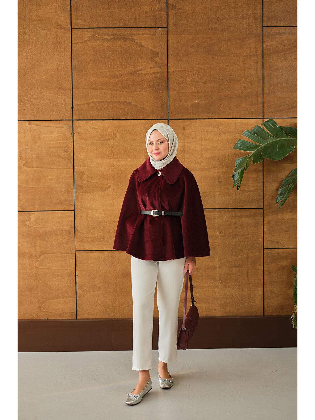 Kadın Kemerli Pelüş Panço Bordo-2