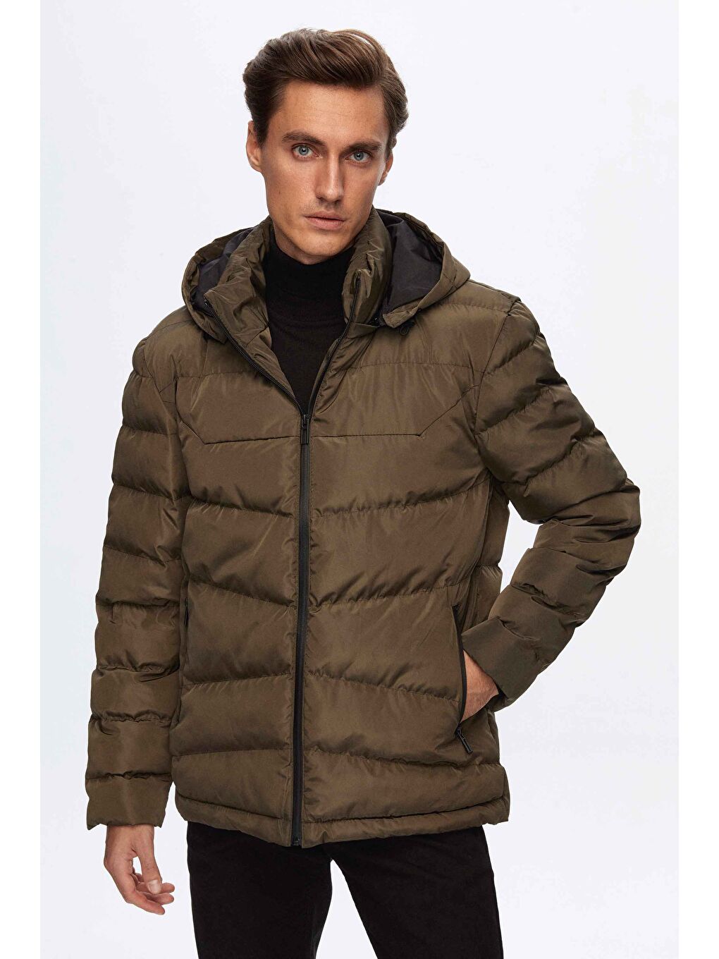 Regular Fit Haki Şişme Kapüşonlu Mont