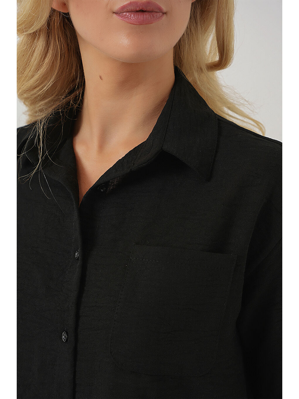 Kadın Kısa Kol Crop Gömlek 20341 - Siyah-4