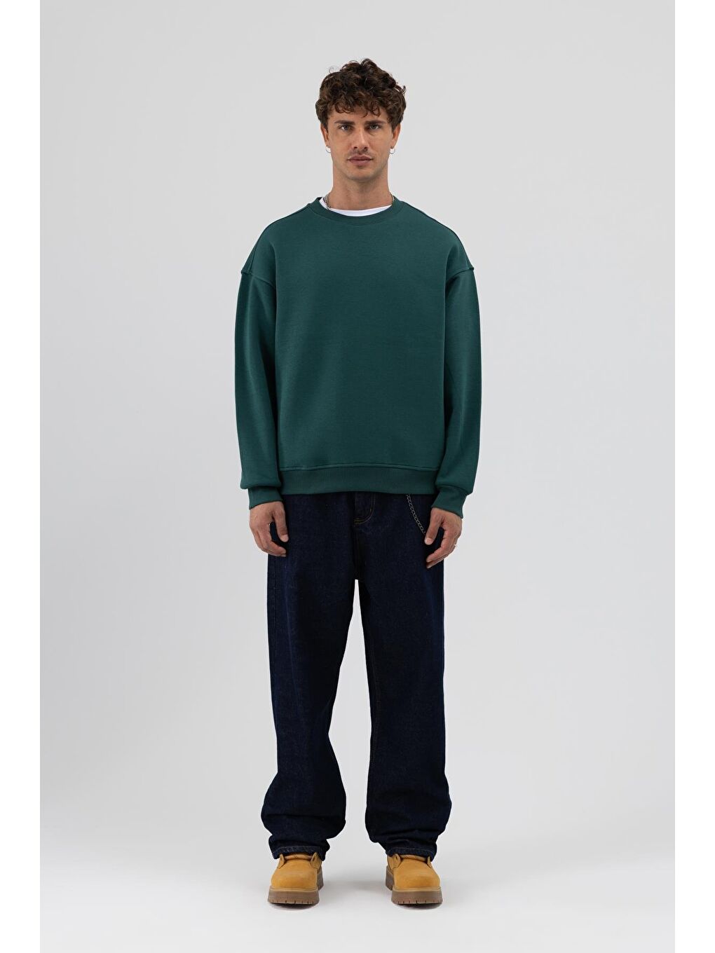Yeşil Basic Bisiklet Yaka Oversize Sweatshirt Nefti-1