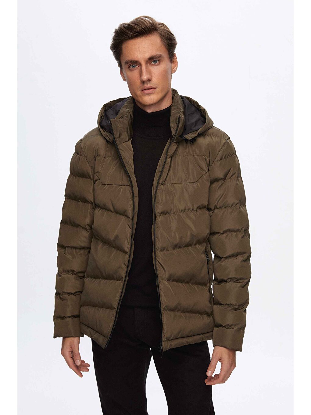 Regular Fit Haki Şişme Kapüşonlu Mont-1