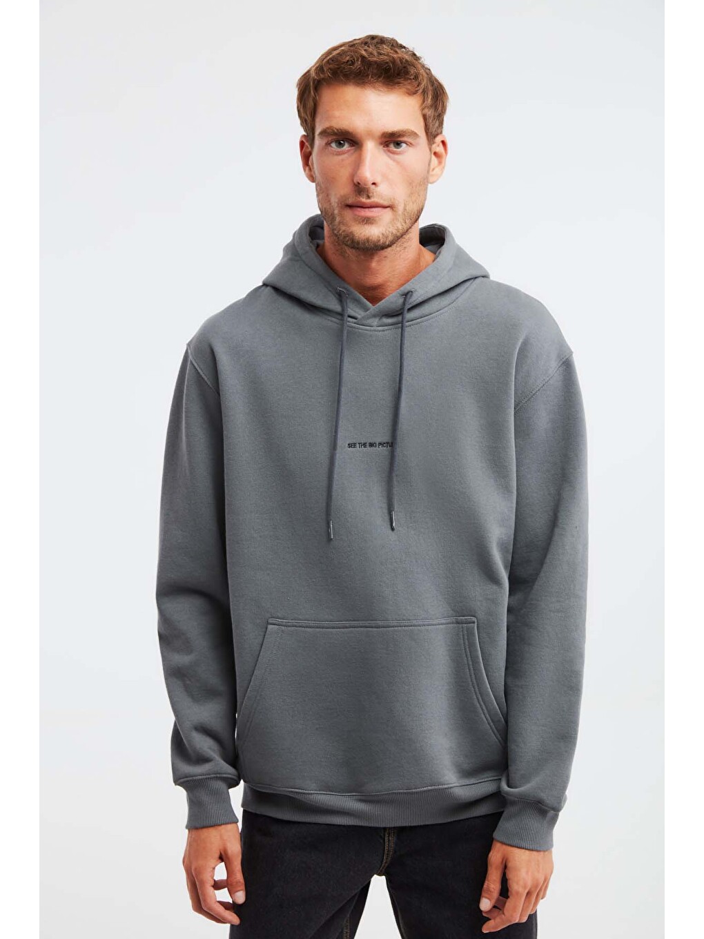 Epıc Erkek Organik Pamuklu Yumuşacık Nakış Detaylı Kapüşonlu Kordonlu Regular Açık Gri Sweatshirt-2