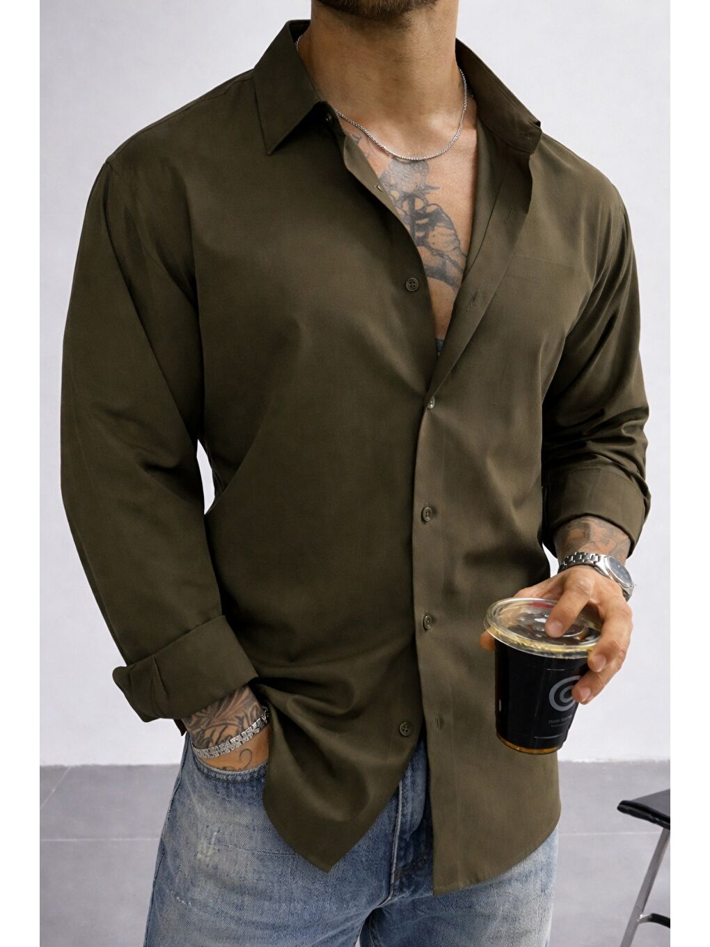 Haki Keten Görünümlü Yarım Oversize Uzun kollu Erkek Gömlek