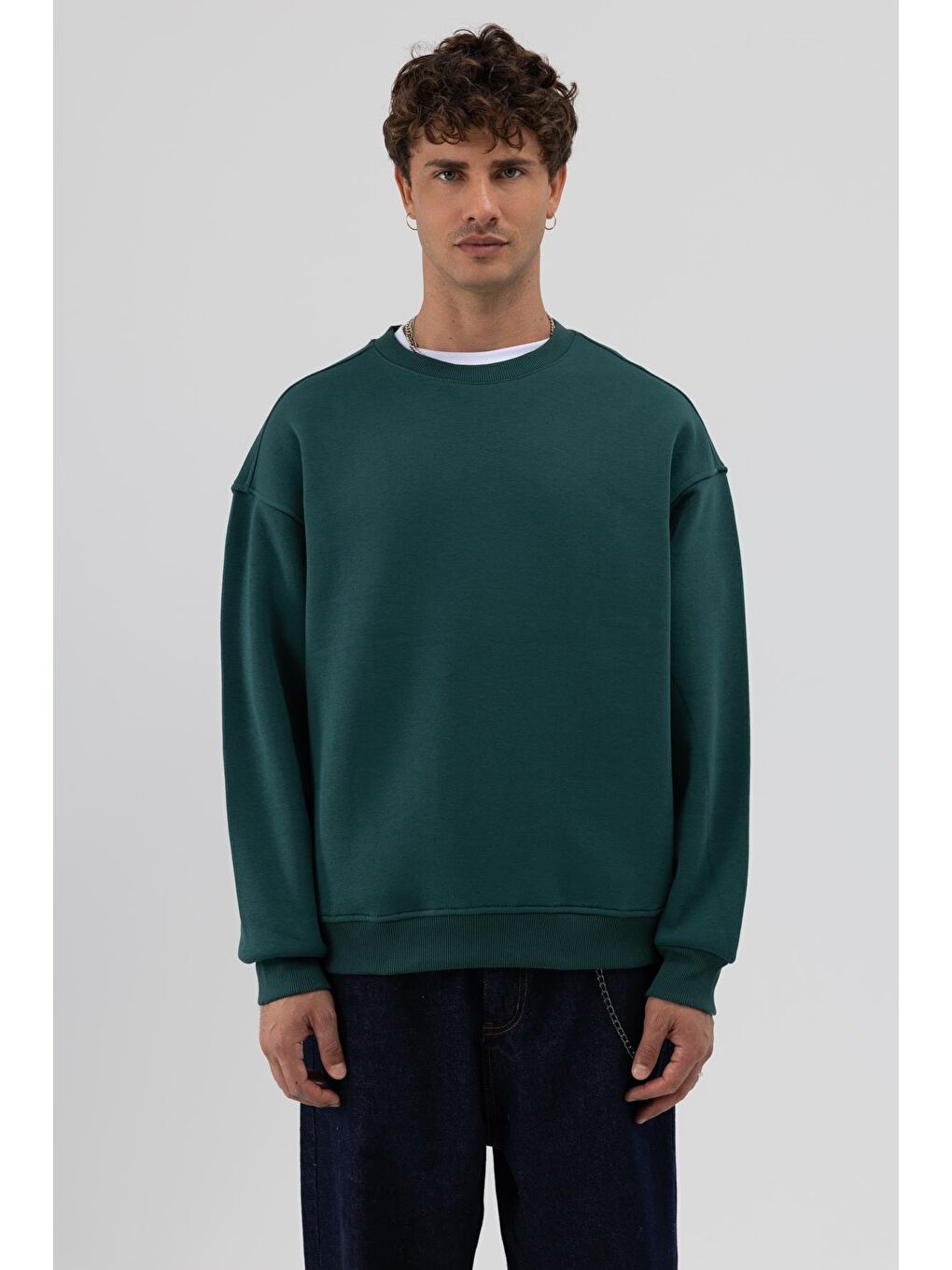 Yeşil Basic Bisiklet Yaka Oversize Sweatshirt Nefti-2