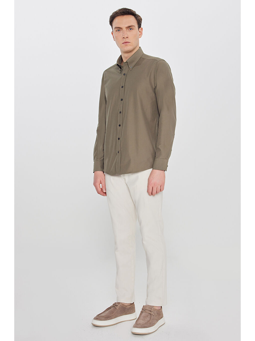 Erkek Haki Pamuklu Slim Fit Dar Kesim Gant Yaka Poplin Gömlek-1