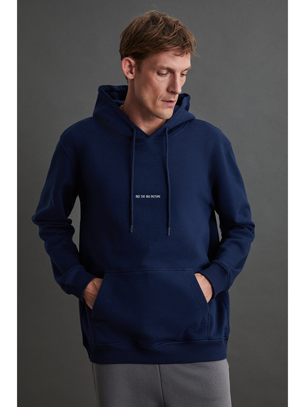 Epıc Erkek Organik Pamuklu Yumuşacık Nakış Detaylı Kapüşonlu Kordonlu Regular Lacivert Sweatshirt-3