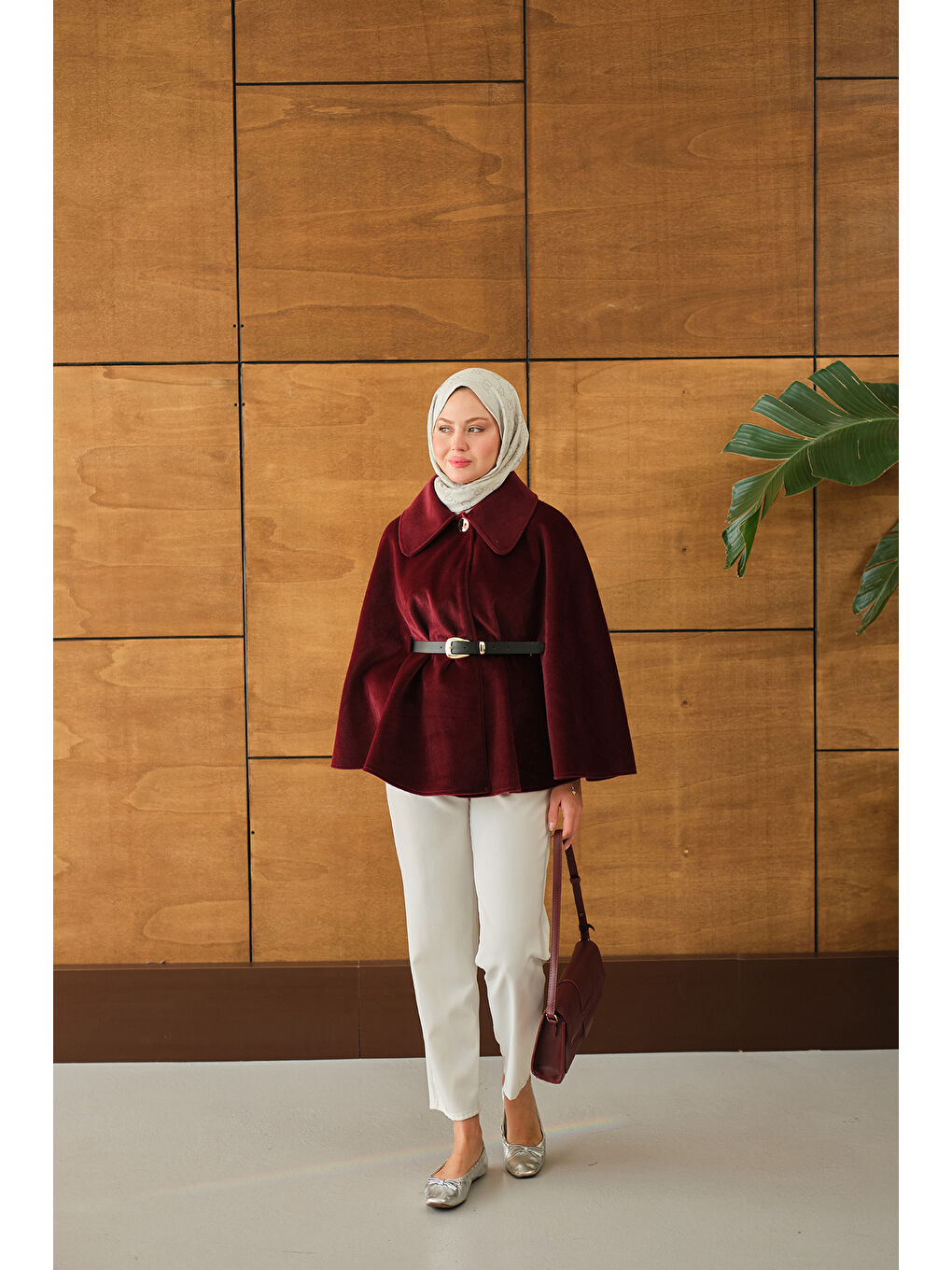 Kadın Kemerli Pelüş Panço Bordo-3
