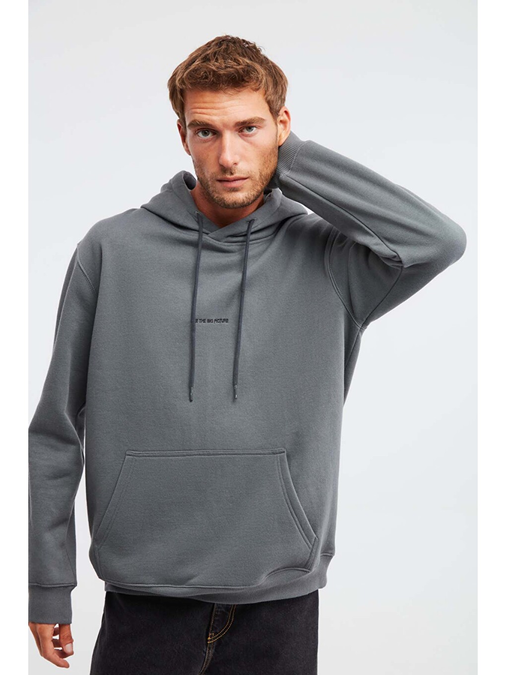 Epıc Erkek Organik Pamuklu Yumuşacık Nakış Detaylı Kapüşonlu Kordonlu Regular Açık Gri Sweatshirt-3