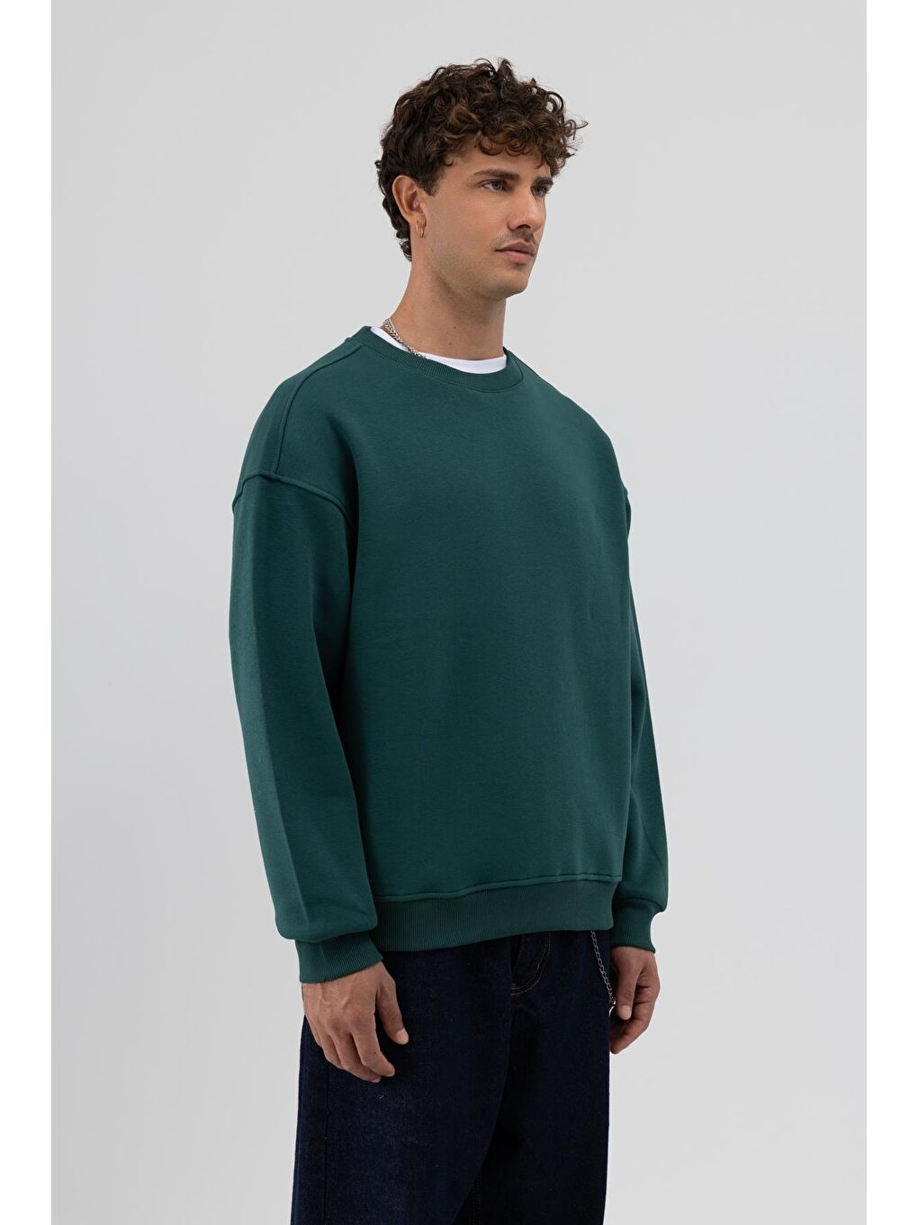 Yeşil Basic Bisiklet Yaka Oversize Sweatshirt Nefti-3
