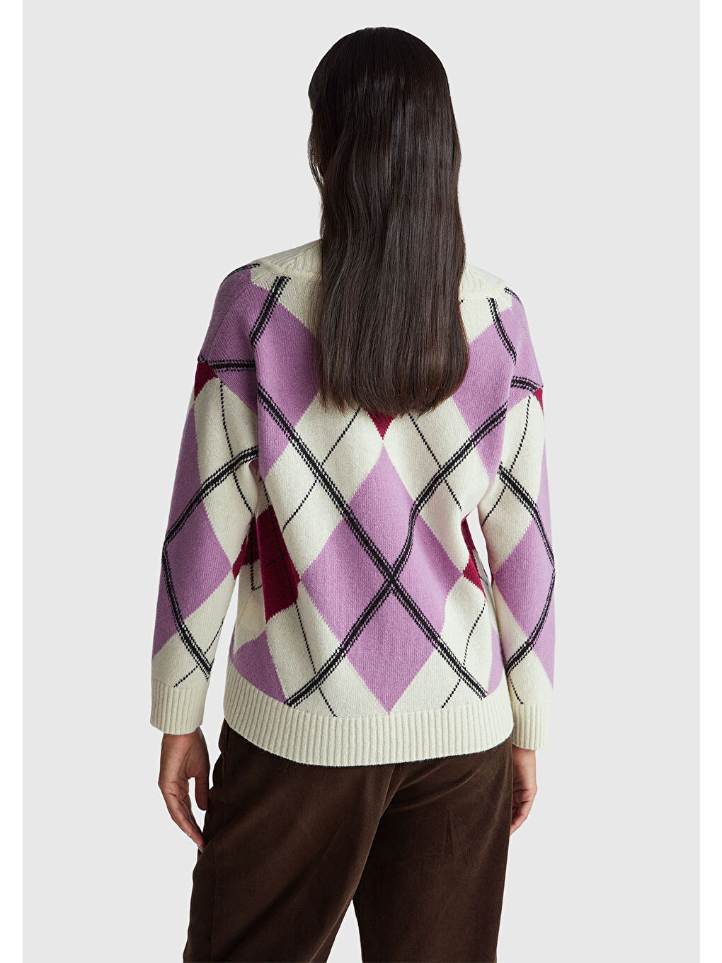 Kadın Mor Mix Yün Karışımlı Baklava Desenli Ribana Detaylı V Yaka Kazak-2