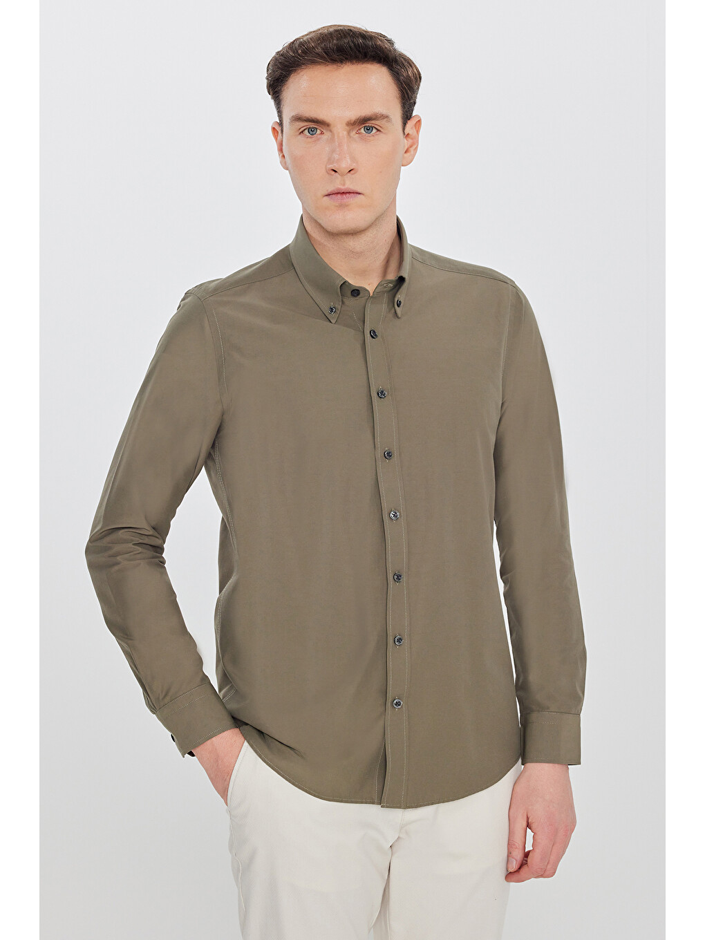 Erkek Haki Pamuklu Slim Fit Dar Kesim Gant Yaka Poplin Gömlek-2