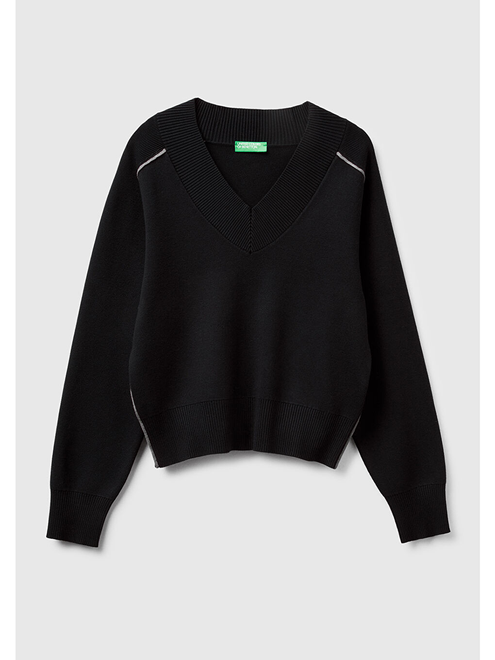 Kadın Siyah Viskoz Karışımlı Ribana Detaylı V Yaka Kazak-1