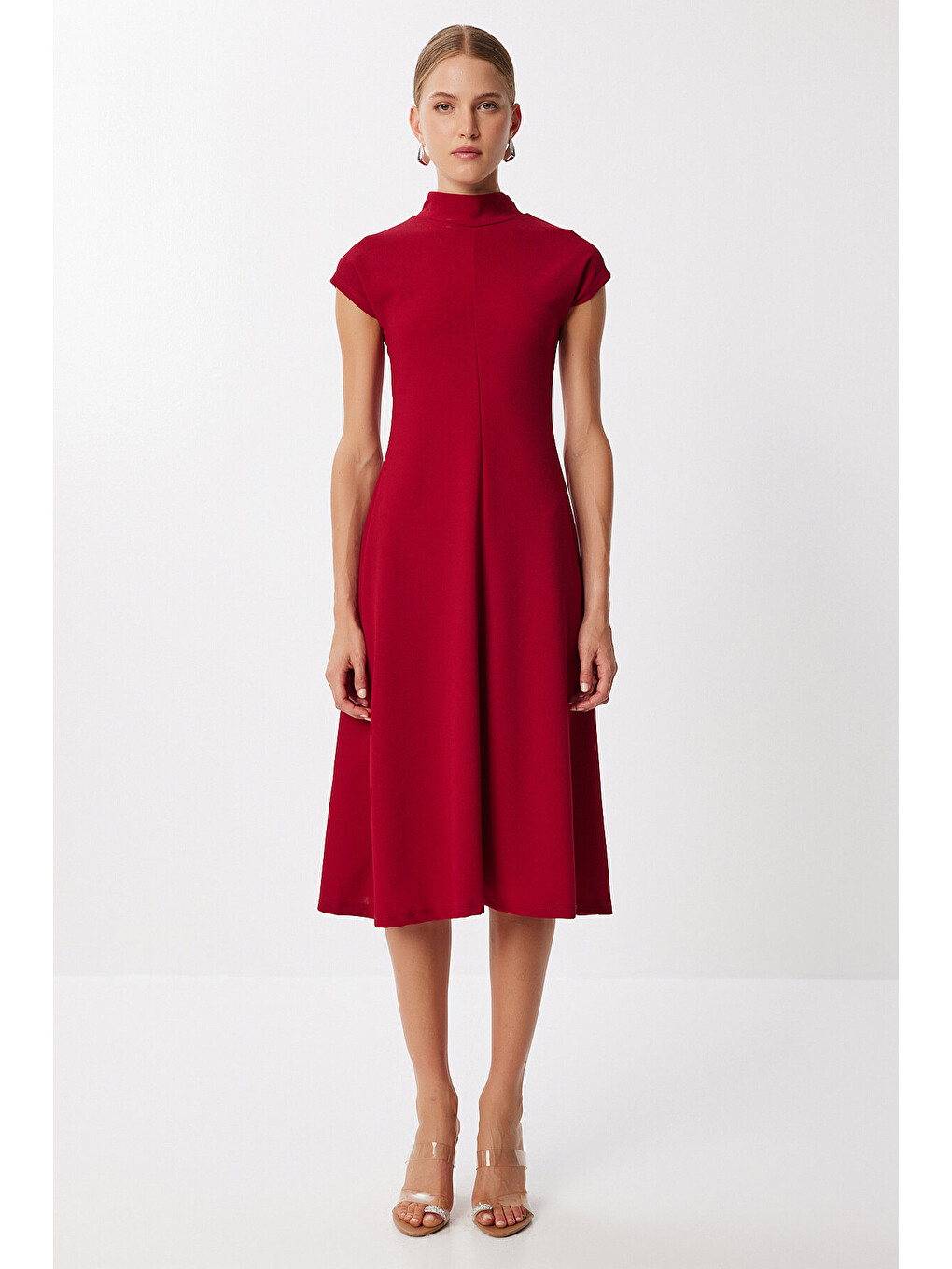 Bordo Dik Yaka Kloş Midi Örme Elbise BORDO LUB0223