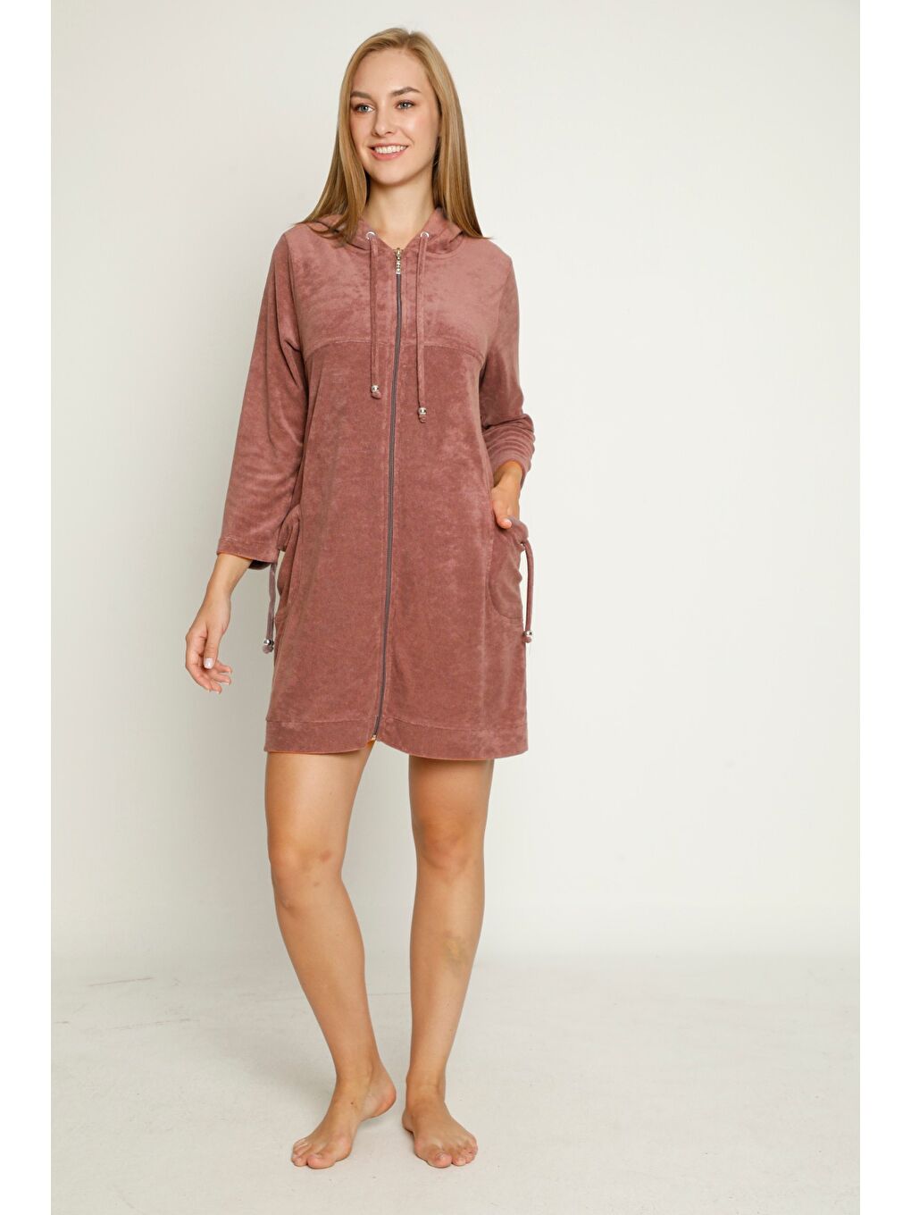 Fuşya Kapüşonlu Uzun Kollu Cepli Fermuarlı Pamuklu Kadife Elbise-2