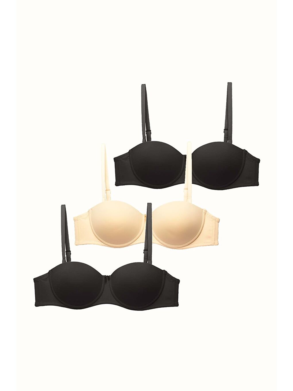 3'Lü Paket Push Up Straplez Yumuşak Kaplı Örme Sütyen C37055 Siyah/Ten