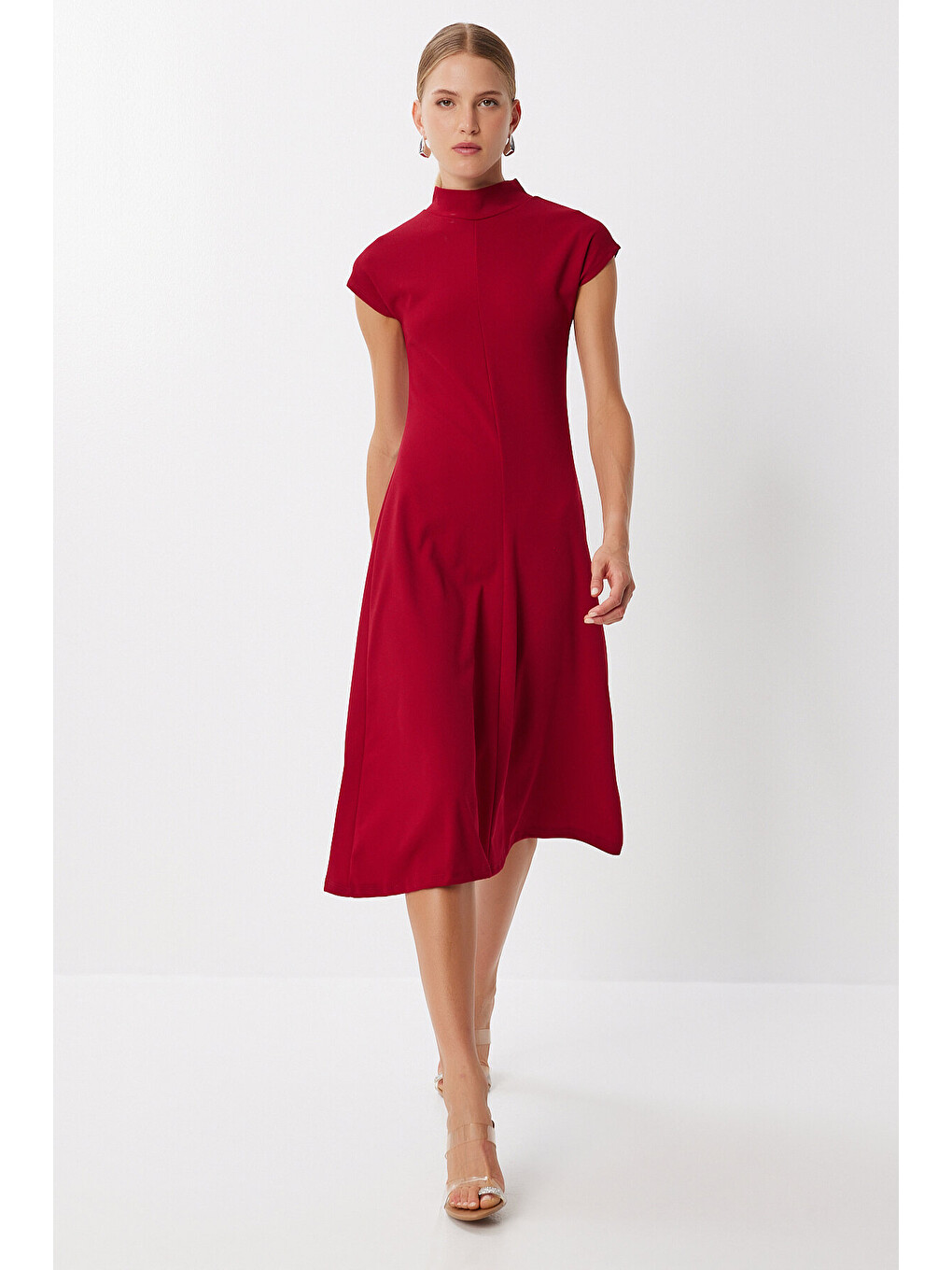 Bordo Dik Yaka Kloş Midi Örme Elbise BORDO LUB0223-1