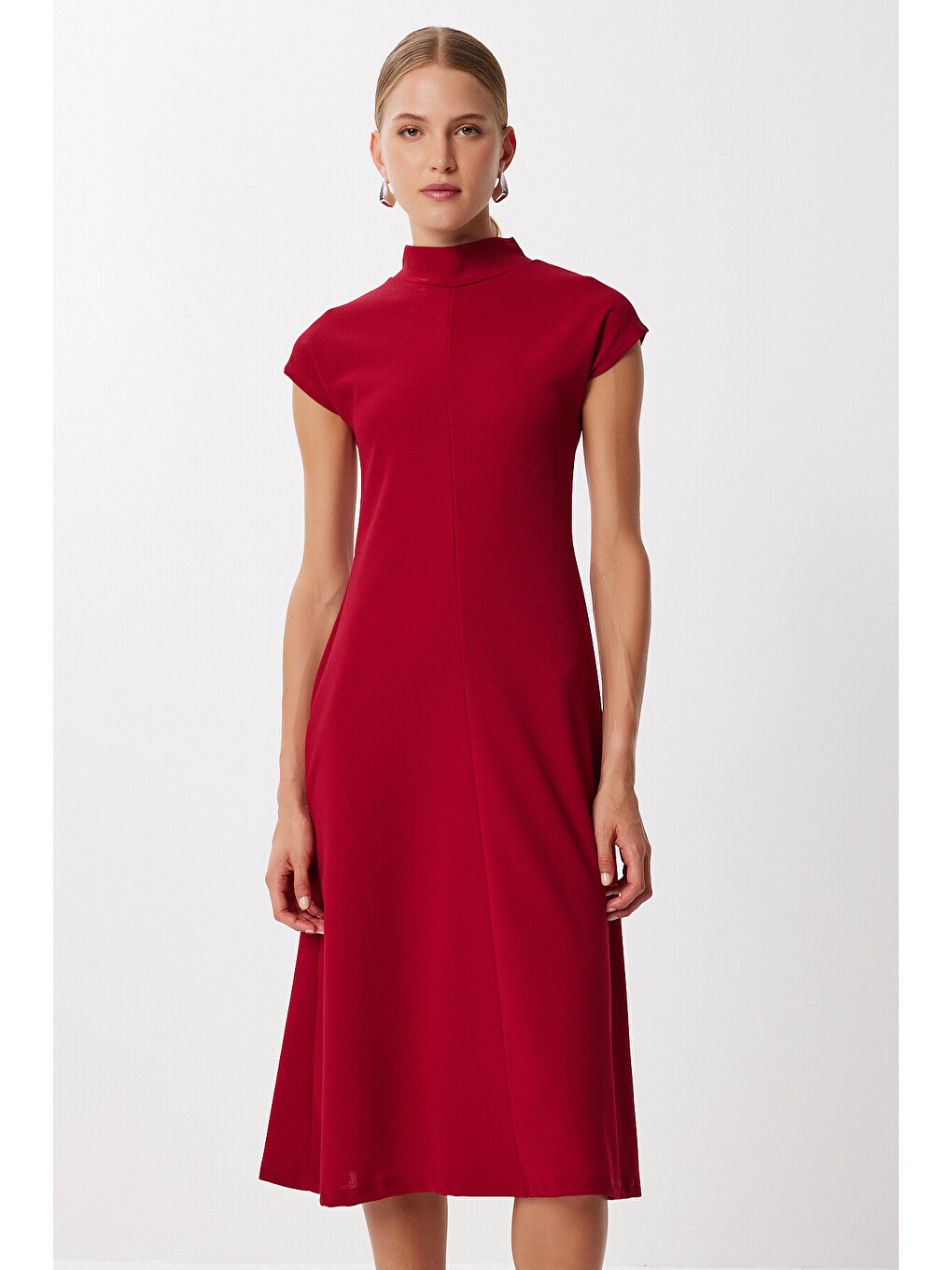 Bordo Dik Yaka Kloş Midi Örme Elbise BORDO LUB0223-2