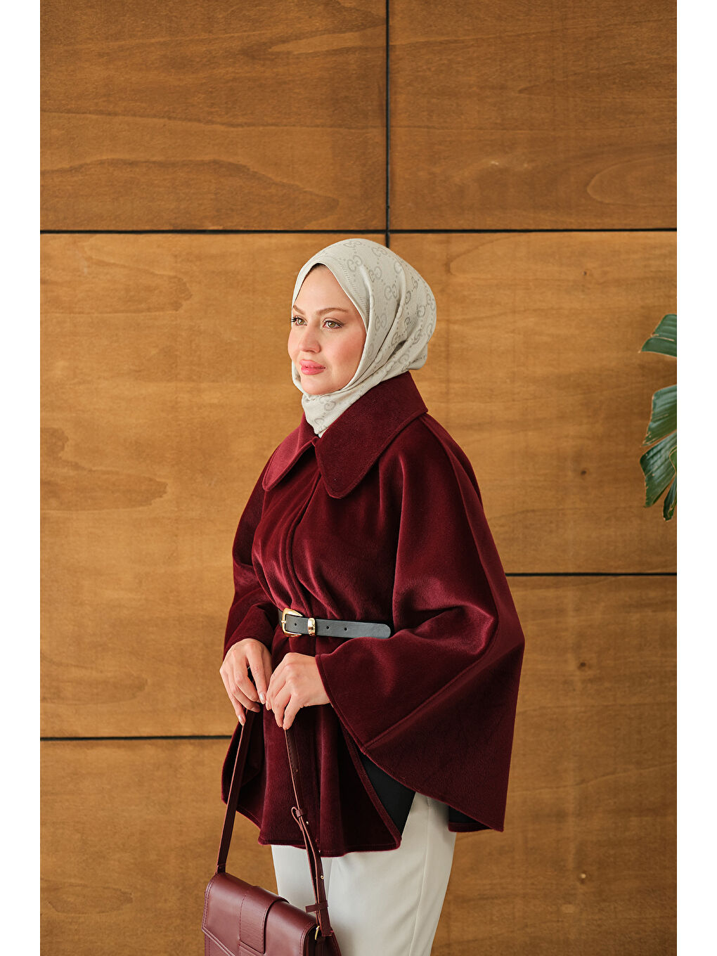 Kadın Kemerli Pelüş Panço Bordo-4