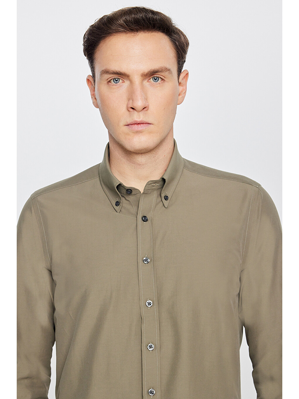 Erkek Haki Pamuklu Slim Fit Dar Kesim Gant Yaka Poplin Gömlek-3