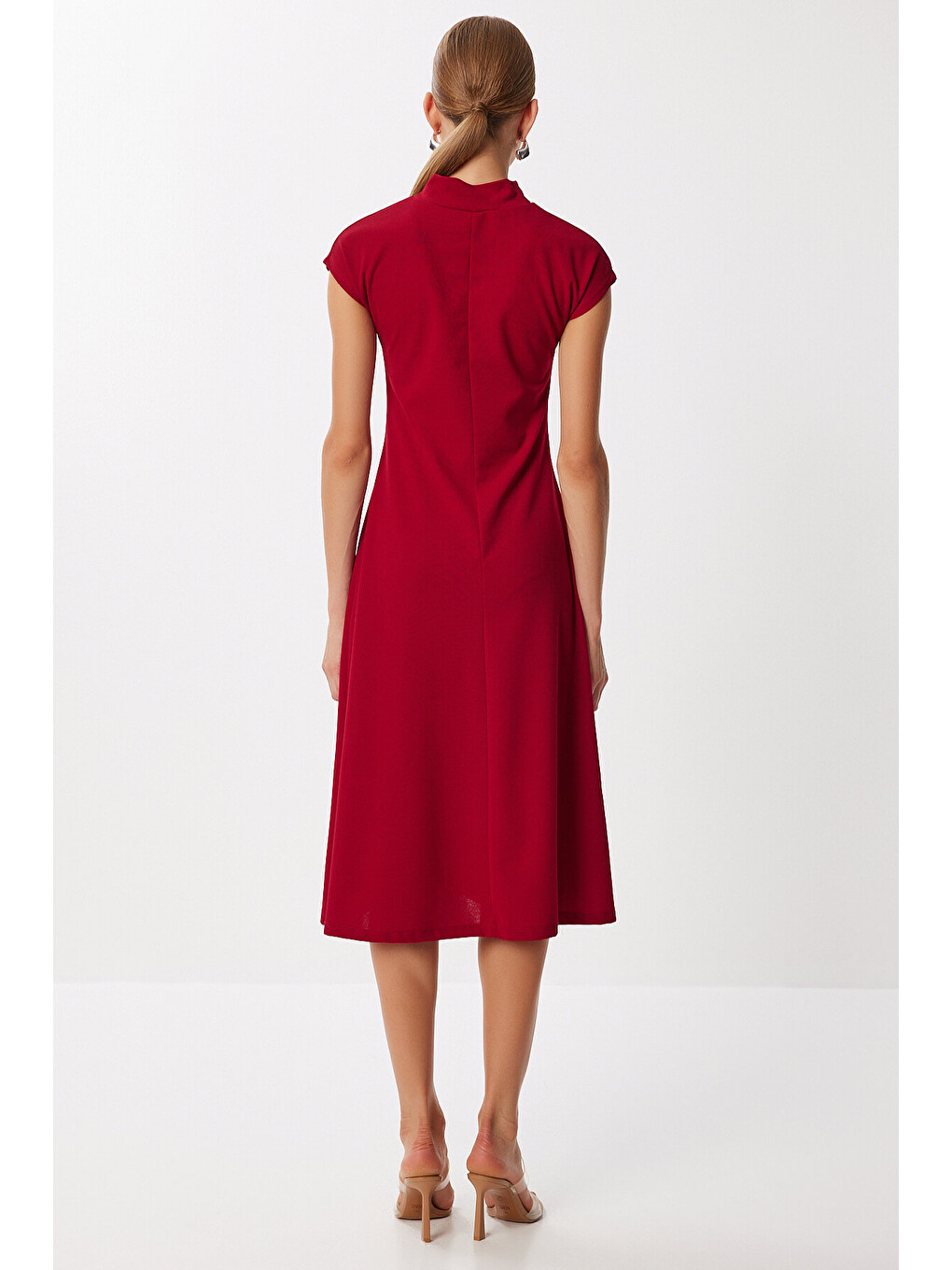 Bordo Dik Yaka Kloş Midi Örme Elbise BORDO LUB0223-4