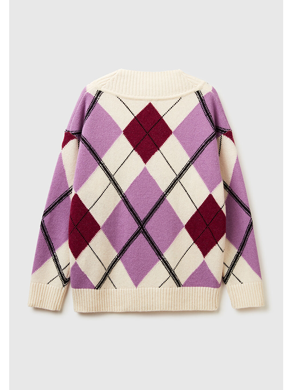 Kadın Mor Mix Yün Karışımlı Baklava Desenli Ribana Detaylı V Yaka Kazak-3