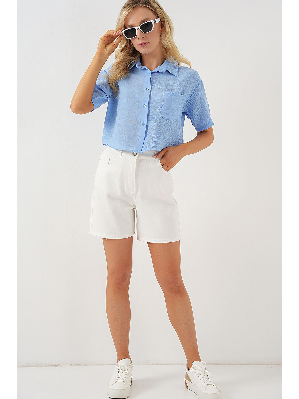 Kadın Kısa Kol Crop Gömlek 20341 - Mavi-1