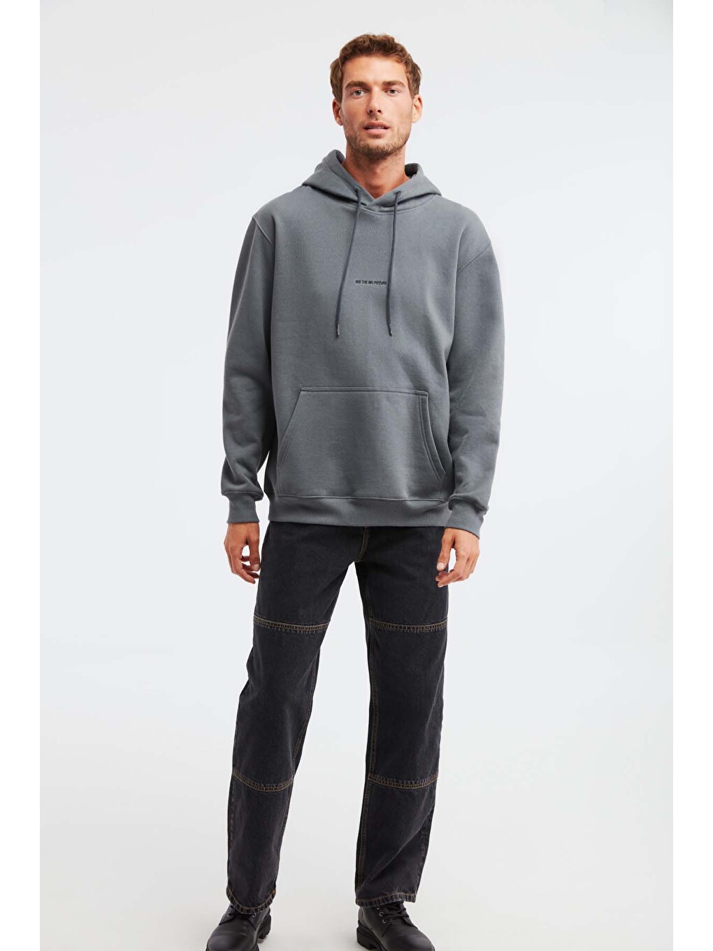 Epıc Erkek Organik Pamuklu Yumuşacık Nakış Detaylı Kapüşonlu Kordonlu Regular Açık Gri Sweatshirt-4