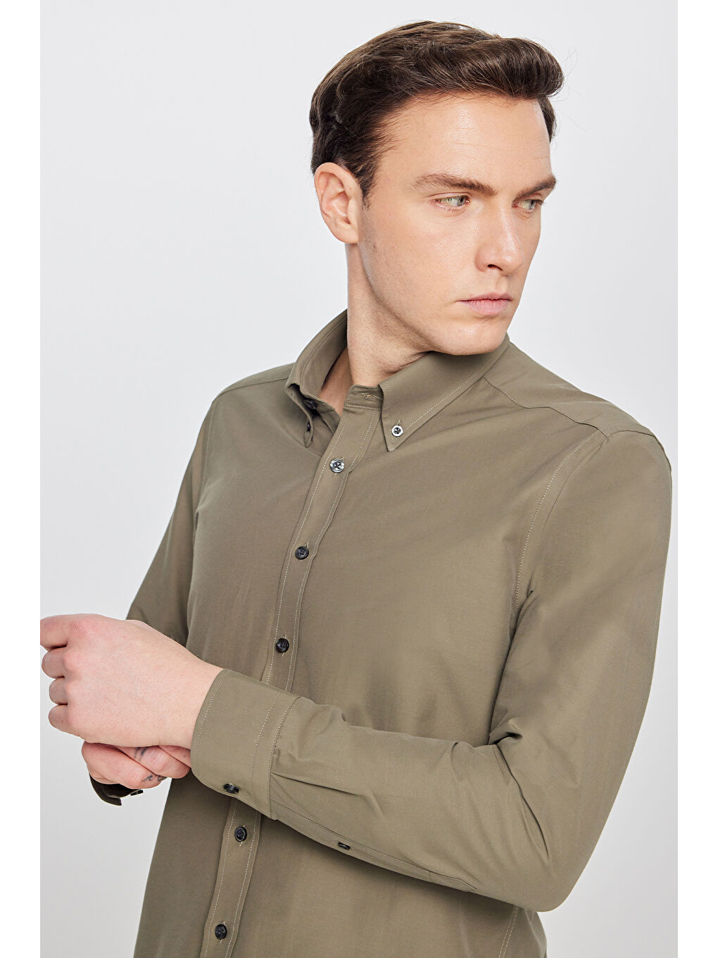 Erkek Haki Pamuklu Slim Fit Dar Kesim Gant Yaka Poplin Gömlek-4