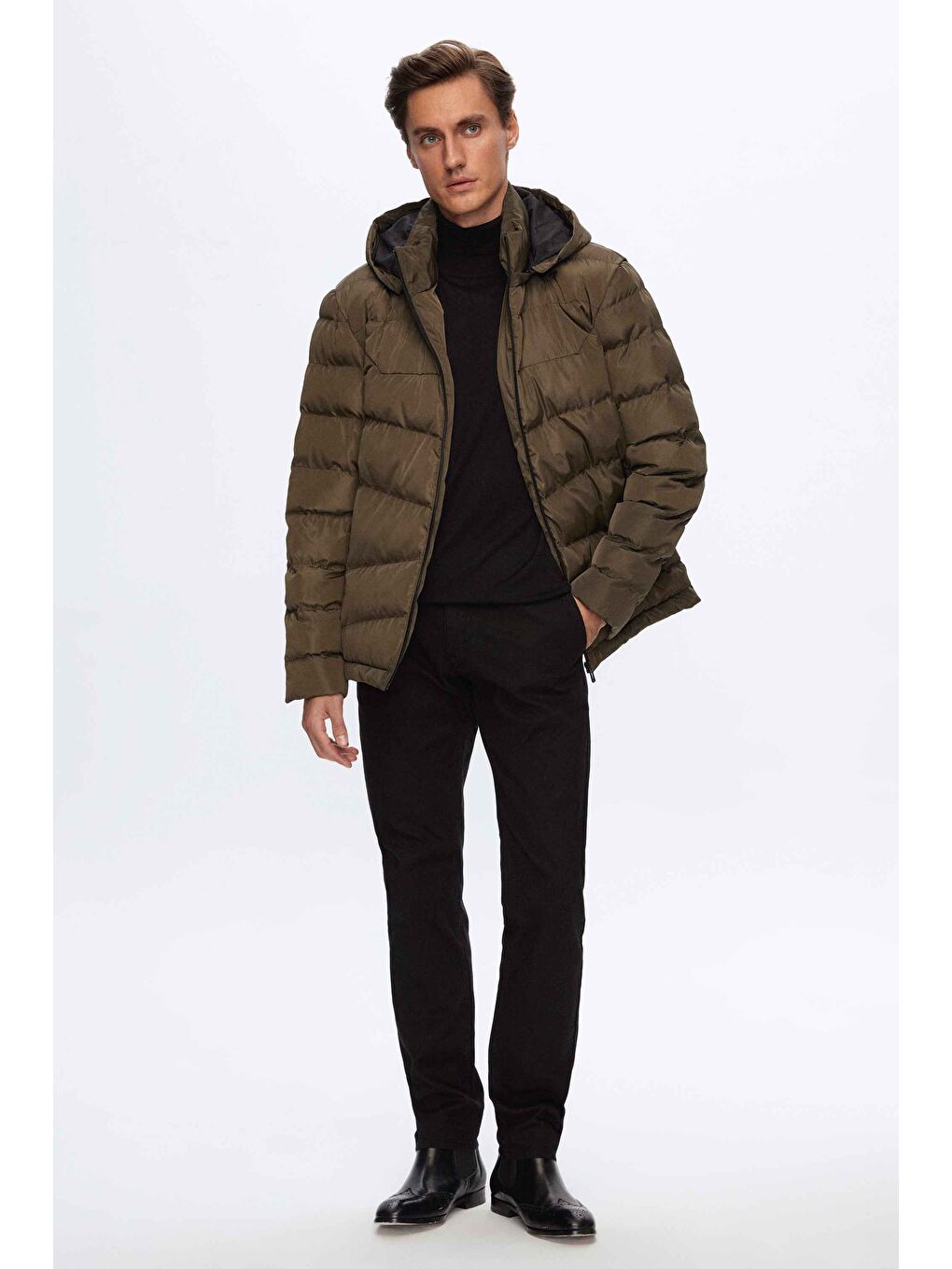 Regular Fit Haki Şişme Kapüşonlu Mont-5