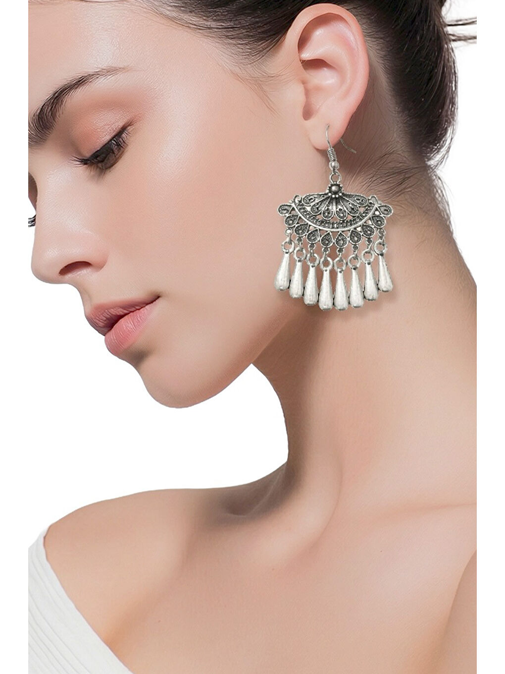 Gri Kadın Antik Gümüş Kaplama Telkari Görünümlü Küpe-1