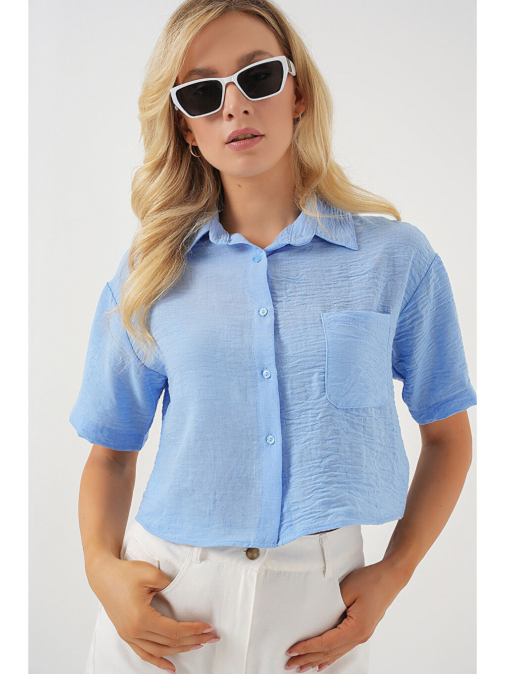 Kadın Kısa Kol Crop Gömlek 20341 - Mavi-2