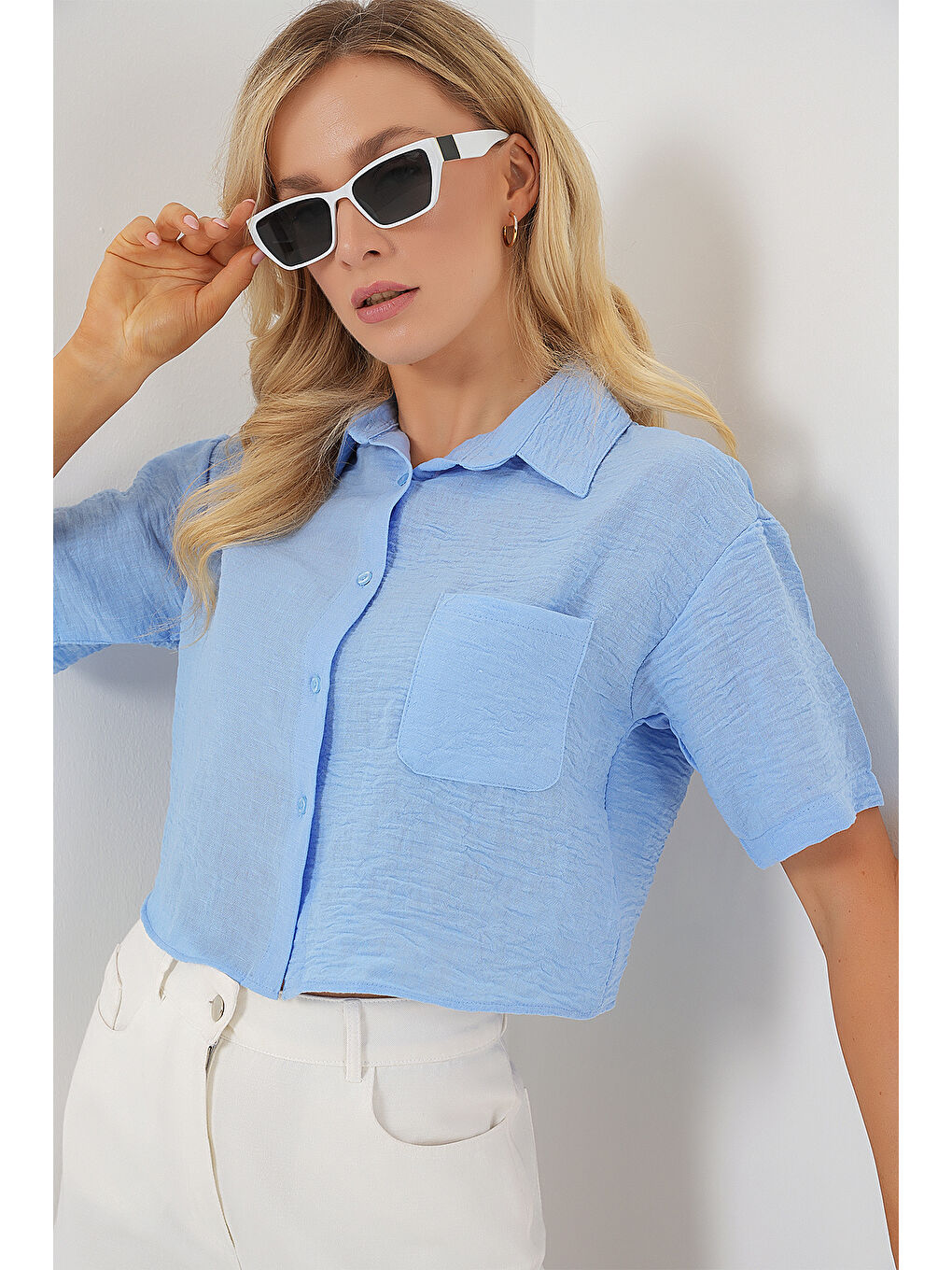 Kadın Kısa Kol Crop Gömlek 20341 - Mavi-3