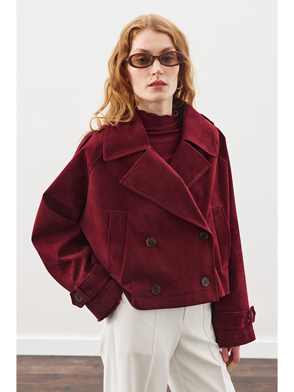 Süet Trenç Ceket Bordo-1