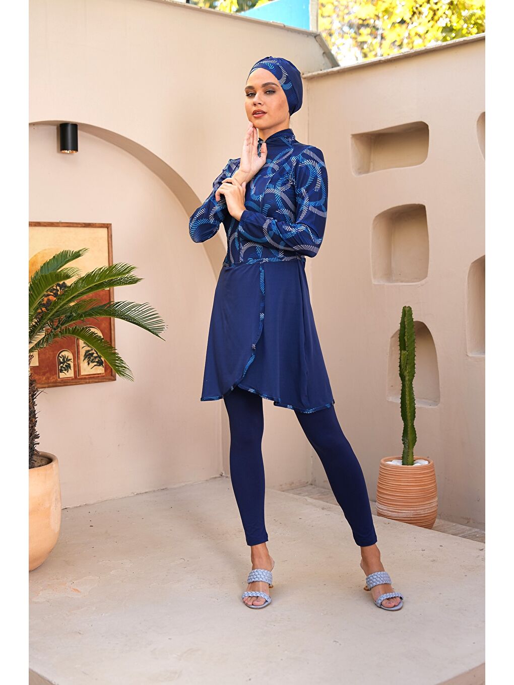 Lacivert Desenli Fermuarlı Pareo Model Taytlı Kapalı Tesettür Mayo 3740-1