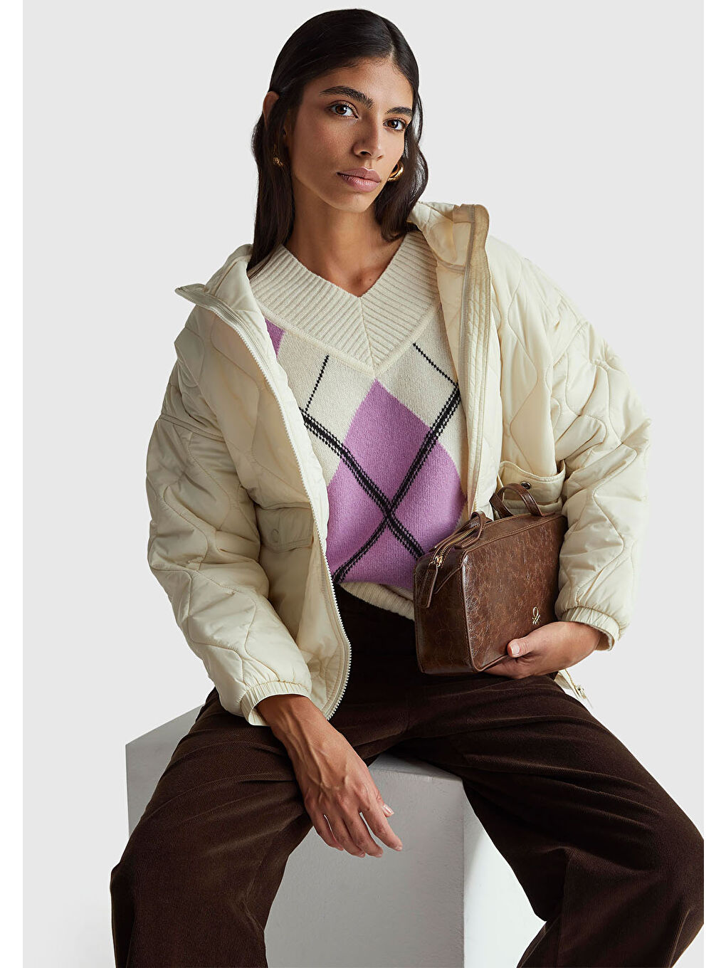 Kadın Mor Mix Yün Karışımlı Baklava Desenli Ribana Detaylı V Yaka Kazak-4