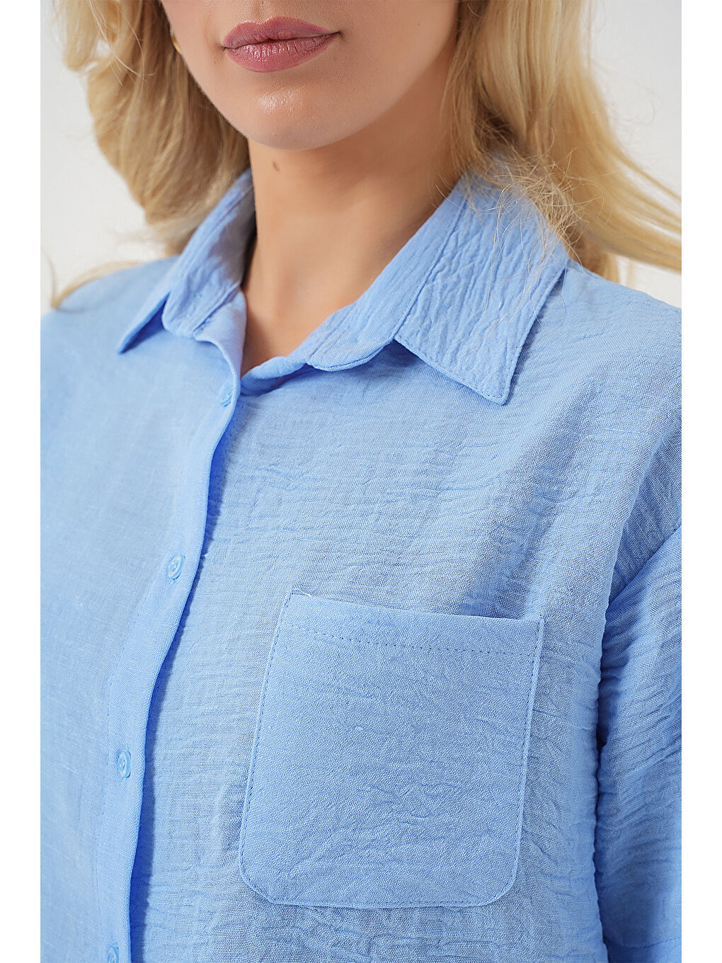 Kadın Kısa Kol Crop Gömlek 20341 - Mavi-4