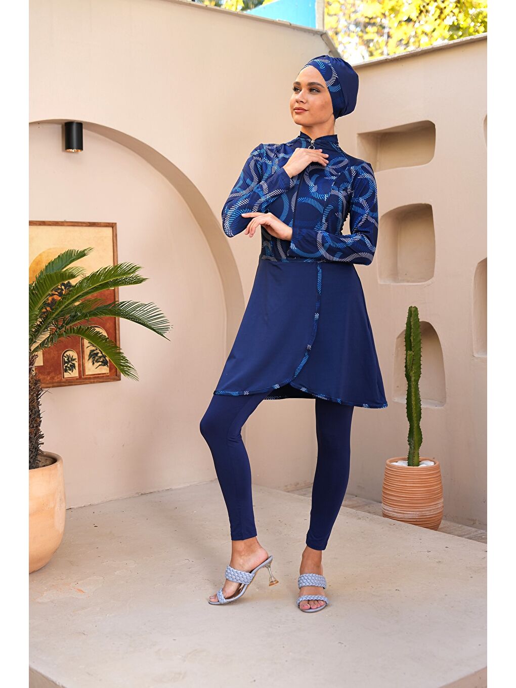 Lacivert Desenli Fermuarlı Pareo Model Taytlı Kapalı Tesettür Mayo 3740-2